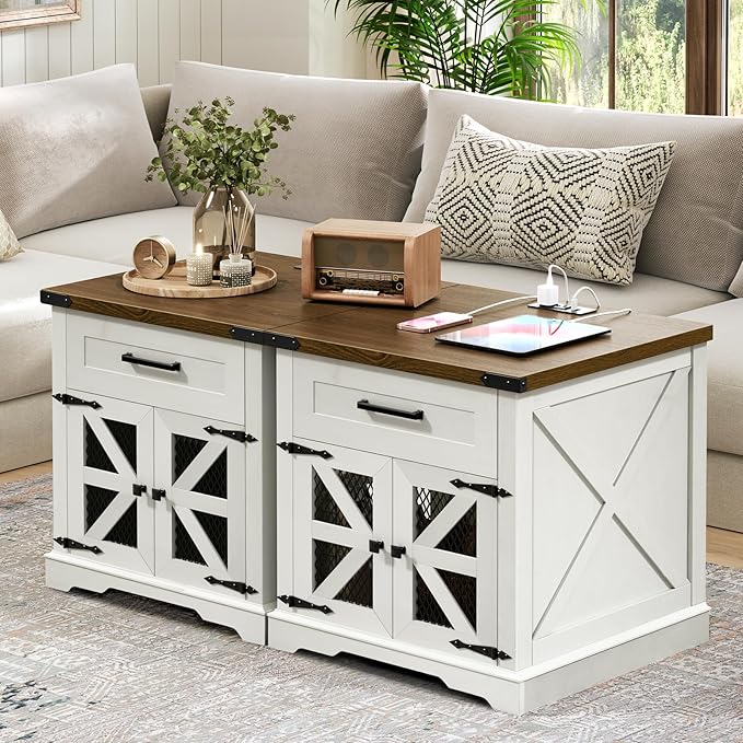 White Farmhouse End Table Set of 2, 24" Large Sofa Side Table with Drawer, Large End Table for Living Room, Wooden Nightstand with Charging Station, Square, White and Walnut