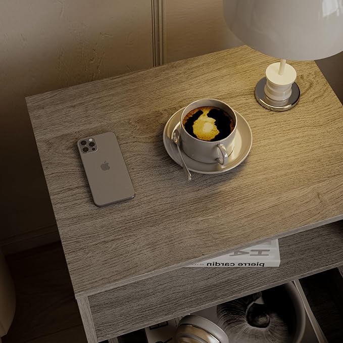 Rattan Nightstand,Farmhouse Bedside Table with 2 Storage Drawer and Open Wood Shelf, for Bedroom and Small Spaces,Night Stand with Solid Wood Legs (Grey Oak)