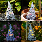 Goodeco Sitting Gnome Holding Flower Statue - Solar Garden Gnomes Decor for Outside with LED Lights, for Women or Moms, Housewarming Gnome Decorations