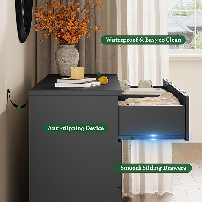 Fluted Dresser with 8 Drawers, 54" Wide Modern Chest of Drawers with Metal Handle, Wooden Dresser TV Stand, Wood Closet Clothes Storage Organizer for Bedroom, Living Room, Hallway, Solid Black