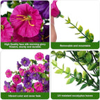 2 PCS Artificial Faux Hanging Flowers Plants for Outdoor Decor,Fake Silk Morning Glory with Eucalyptus UV Resistant Realistic Vines for Wall Home Porch Patio Balcony Yard Decor, Purple and Fuchsia