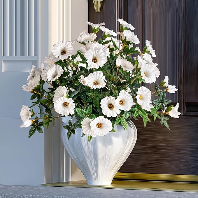UV Resistant Artificial Petunias Fake Flowers Artificial Flowers for Outdoors Silk Flowers Fake Hanging Basket Plants Suitable for Outdoor Porch Decoration Patio Decor 13.3In (4PCS,White)