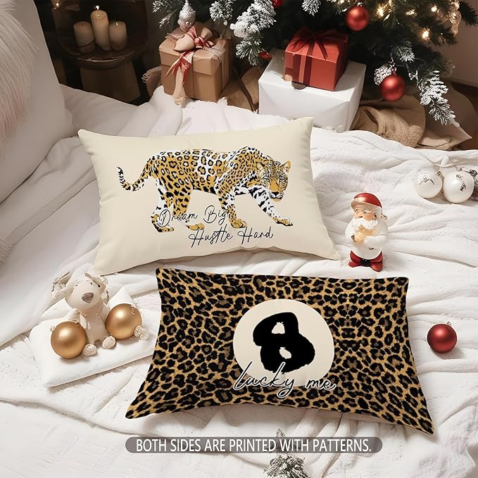 Coquette Pink Bow Leopard Print Lips Lucky 8 Ball Throw Pillow Covers 20x12, Cheetah Print Room Decor, Funky Y2K Leopard Decorative Pillow Covers for Girls Room Dorm Apartment Home，Set of 2