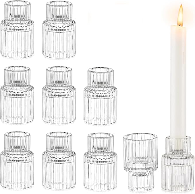 Glasseam Small Candle Stick Holder: Crystal Clear Glass Candle Holder Set of 10, Modern Taper Candle Holders for Table Centerpiece, Ribbed Tapered Candlestick Holders for Dining Room Decoration