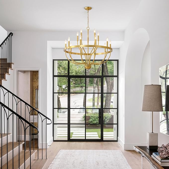 Gold Chandelier 15-Light Candle Chandelier Modern Farmhouse Pendant Lighting Fixture for Dining Room Bedroom Living Room Kitchen Island Foyer Entryway E12 Bulb Vintage Golden Ceiling Light