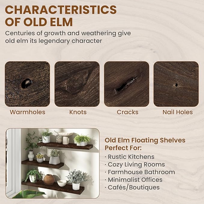 Fun Memories Rustic Elm Wood Floating Shelves for Wall, 48" Floating Shelf Wall Mounted, Long Floating Disply Shelf with Heavy-Duty Bracket for Living Room, Kitchen, Bathroom, Walnut Color, Set of 1