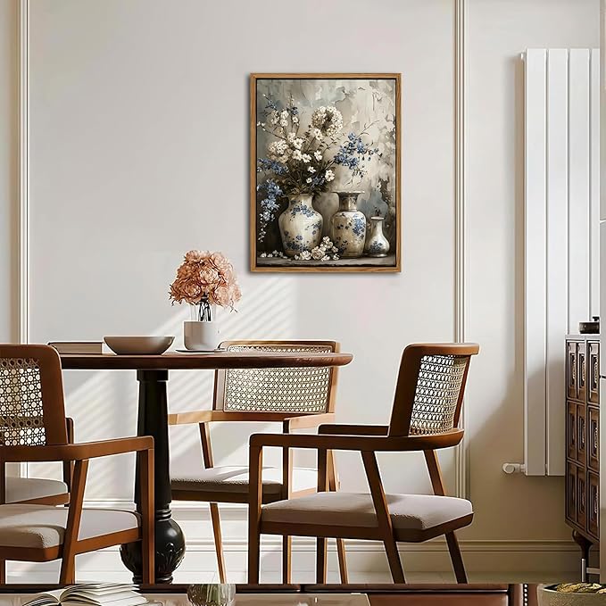 Floating Framed Farmhouse Floral Canvas Wall Art, Vintage Blue and White Flower Pictures Wall Decor, Elegant Art Jar Posters Print for Living Room Bedroom Bathroom Rustic Decor 16x24 inch