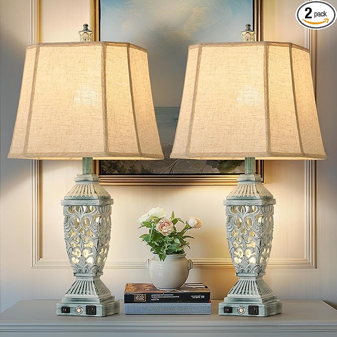 AIDENOEY Farmhouses Table Lamp with USB & USB-C Charging Ports, 3-Color Dimmable & Stepless Bottom Dimming, Touch Control & Switch, Vintage Bedside Lamp for Bedroom Living Room Office,(27.5" high)