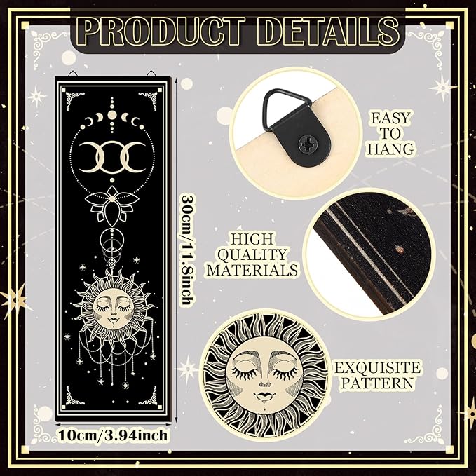 6 Pieces Wall Decor Gothic Boho Wall Art Sun Moon Phases Hanging Rectangular Wooden Minimalist Vintage Sign Plaque Farmhouse Pediments for Home Living Bedroom