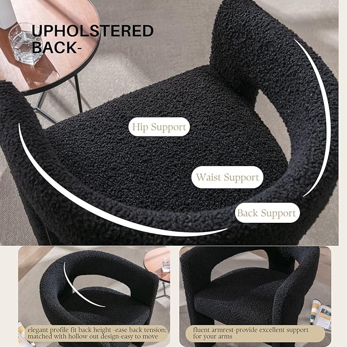 Black Sherpa Dining Chairs Set of 2, Modern Barrel Dining Room Chairs Upholstered Faux Fur Accent Chair with Arms and Round Back for Living Room Kitchen Armchair No Assembly Needed