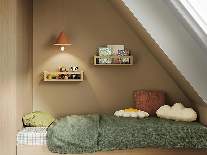 Upgraded Thick Floating Shelves - Multi-Use Wall-Mounted Bookshelves for Kids and Nursery, Ideal for Books, Toys, Spice Rack, Decor - NaturalWood