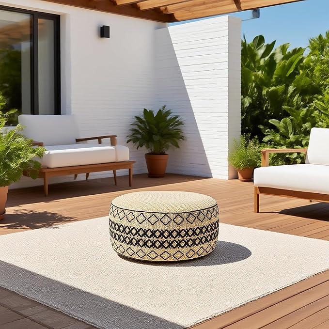 Outdoor Inflatable Ottoman with Air Pump, Embroidery Patio Footrest Stool D21”x H9”, Round Pouf Ottoman with Portable Handle Suitable for Garden, Camping, Bedroom, Living Room