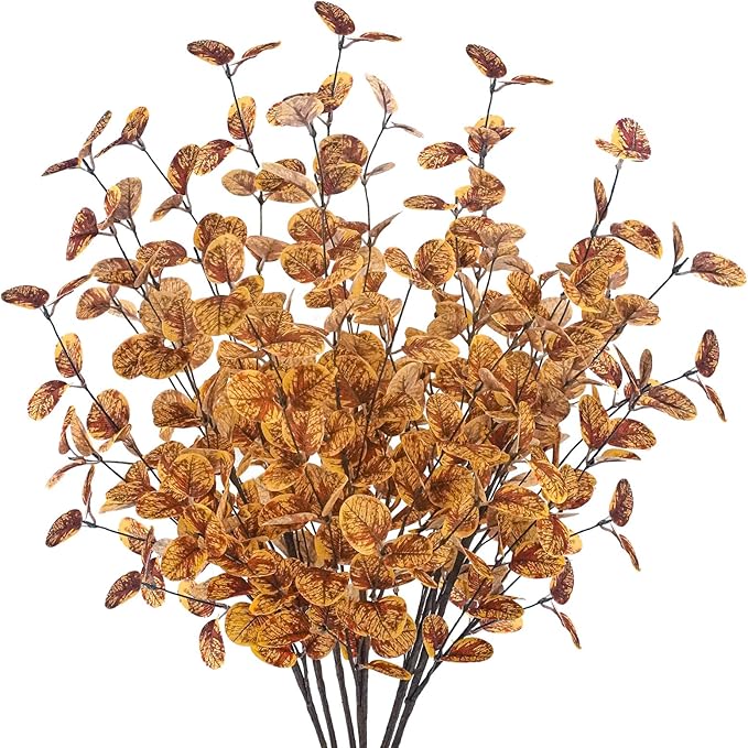 6pcs Artificial Fall Eucalyptus Stems Leaves Fall Decorations Silk Fake Eucalyptus Branches for Vase Boquets Autumn Home Wedding Table Thanksgiving Decor Yellow