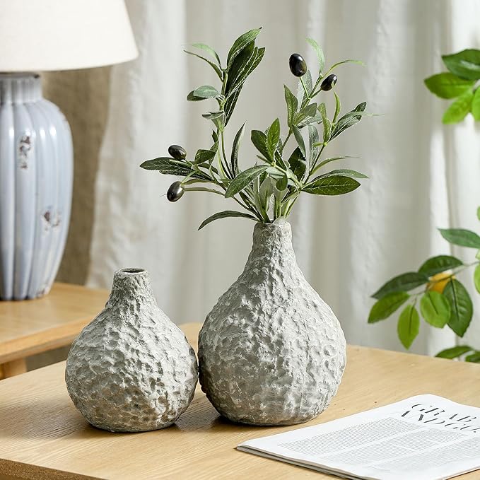 Stone Vases，Ceramic Bud Vase Set of 2,Minimalist Vases for Pampas Grass,Modern Vase for Wabi Sabi Home Decor, Shelf Decoration，Fireplace Decor,Coffee Table Decor