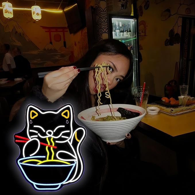 Cat Ramen Neon Sign for Wall Decor Led Neon Lights Cat Ramen Light Up Signs for Birthday Party Club Gift