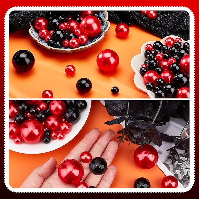 Black Red Vase Filler | 150PCS Pearls Bead for Centerpieces Vases | 8/14/20 mm No Hole Beads, Fake Pearls for Wedding Birthday Theme Party Table Centerpieces Decor