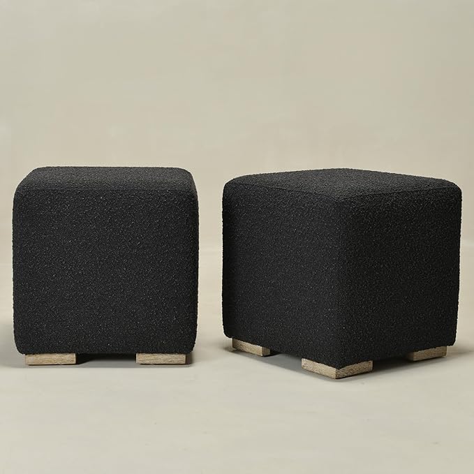 KINWELL 18.5" Wide Modern Square Boucle Upholstered Ottoman with Solid Wood Legs Set of 2, Cube Ottoman Multi-Functional Sofa Footrest, Extra Seating for Living Room, Bedroom, Fully Assembled (Black)