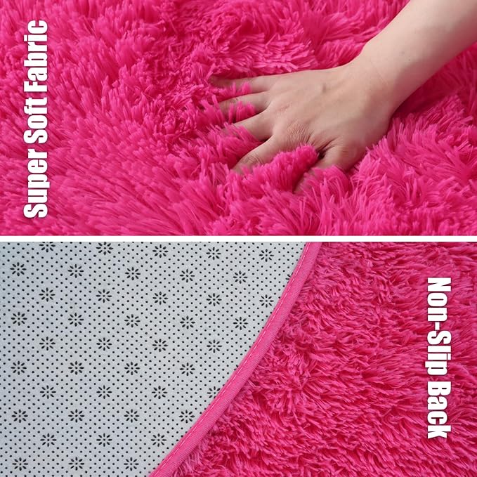 Fluffy Round Area Rugs for Living Room,Hot Pink 6'X6'Shag Circle Area Rugs for Bedroom,Non Slip Fuzzy Plush Rug for Kids Room Boys Girls Room and Dorm