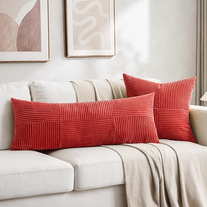 Fancy Homi 2 Packs Red Decorative Throw Pillow Covers 20x20 Inch for Living Room Couch Bed Sofa, Holiday Christmas Home Decor Gift, Soft Corss Corduroy Patchwork Accent Square Cushion Case 50x50 cm