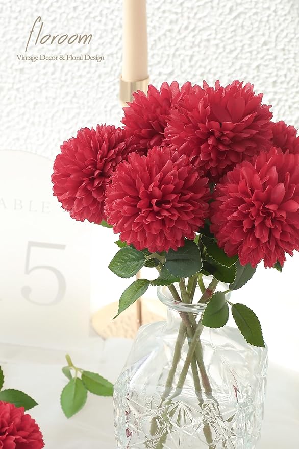 Floroom 12pcs Dark Red Faux Silk Mums Artificial Flowers Bulk Fake Chrysanthemums with Stems for DIY Wedding Table Centerpieces Floral Arrangements Vase Fillers Home Decorations