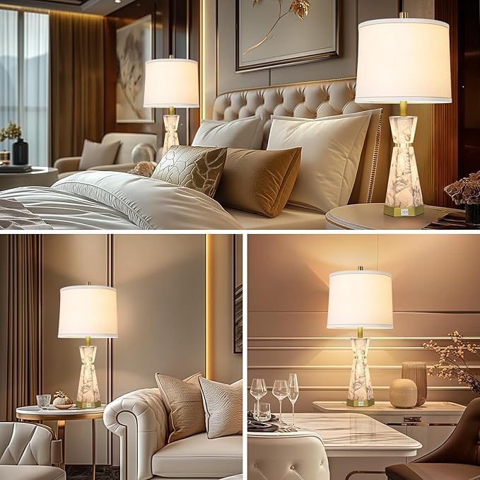 Natural Alabaster Table Lamp,Living Room Lamps Set of 2,Nightstand Lamp with Night Light,Lamps for Living Room With Linen Fabric Shade,Bedside Lamp with Usb A+C Ports for Bedroom,Hotel(Bulb Included)