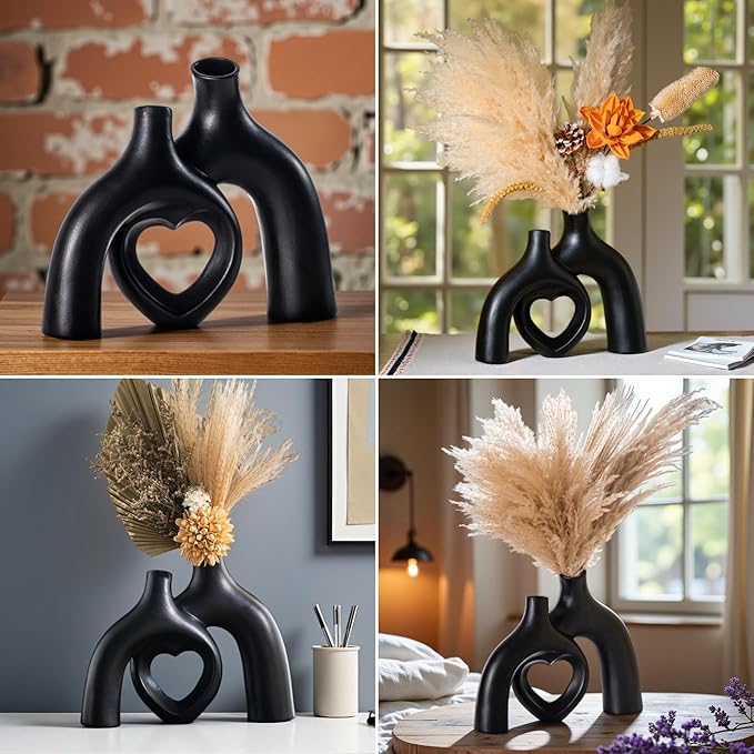 Hug Snuggle Hollow Donut Ceramic Vases, 9 Inch Modern Nordic Minimalist Decorative Vase for Home Decor Table Centerpiece Bookshelf Office Entryway Aesthetic Decoration (Matte Black)