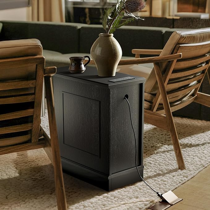 Nightstand Set of 2 with Charging Station, Vintage Wood End Table with 3 Drawer, Victoria Narrow Side Table, Slim Bedside Tables for Bedroom, Pre-Installation, Black