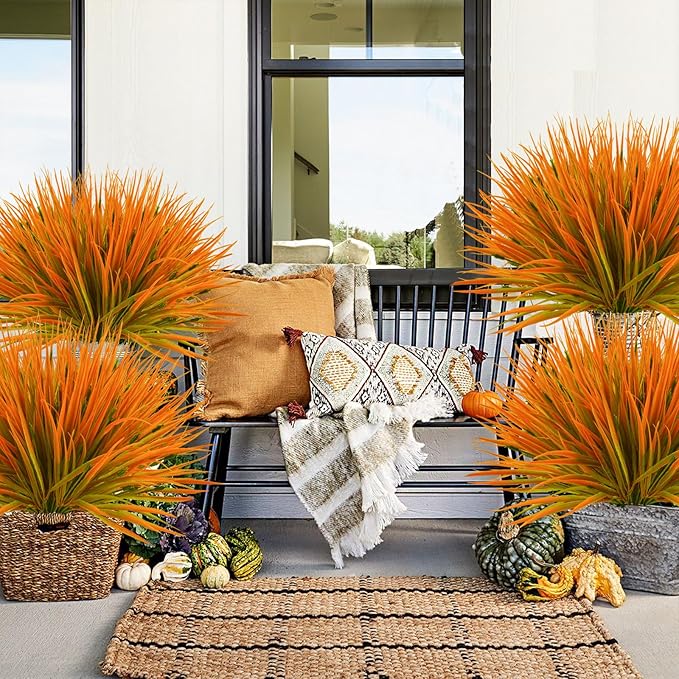 Krissing 40 Bundles Artificial Fall Grass Plant Outdoor UV Resistant Fake Faux Grass Outdoor Fall Faux Plants Greenery Shrubs for Home Garden Porch Outside Fall Decor