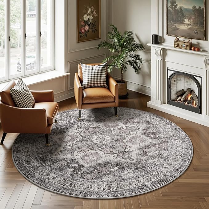 6 ft Round Rugs for Living Room Bedroom Rug Circle Area Rug for Dining Room Table Throw Vintage Circular Rugs Washable Soft Comfortable Grey