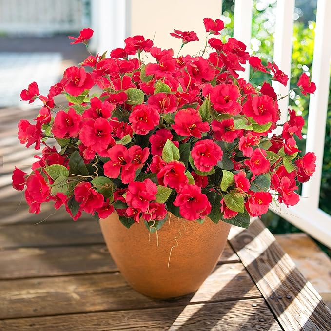 Hibiscus Artificial Flowers Plants for Outdoors Decoration, 6 Bundles Silk Hibiscus Bouquet Tropical Flowers Artificial Realistic UV Resistant Fake Flower for Outside Planter Porch Patio Balcony, Red