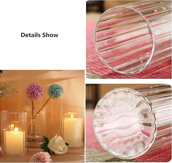 Glass Cylinder Vases Set of 6 Clear Ribbed Glass Vases for Flowers,6 inch Tall Modern Floating Candle Vase Decor, Decorative Hurricane Candle Holders for Home Wedding Table Centerpieces Decor