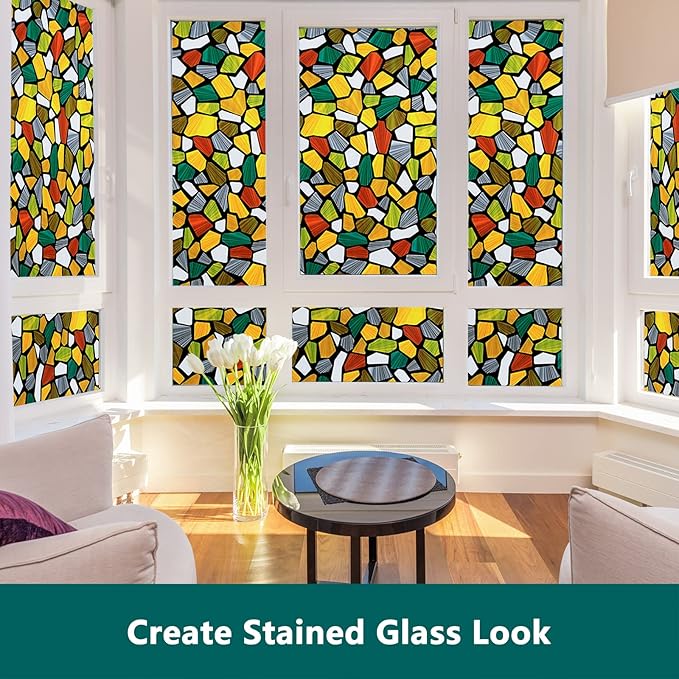 Volcanics Decorative Stained Glass Window Privacy Film with Installation Tools– Static Cling Privacy Sticker for Home & Church, Non-Adhesive, Anti-UV & Heat Blocking, 35.4 x 78.7 Inches