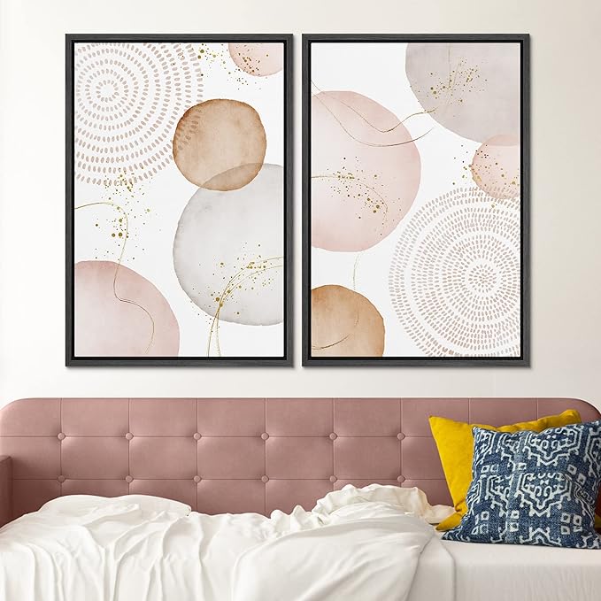SIGNFORD Framed Wall Art Print Set Pastel Pink Gray Watercolor Circles Abstract Shapes Illustrations Modern Minimalist Relax/Calm Multicolor for Living Room, Bedroom, Office - 24"x36"x2 Black