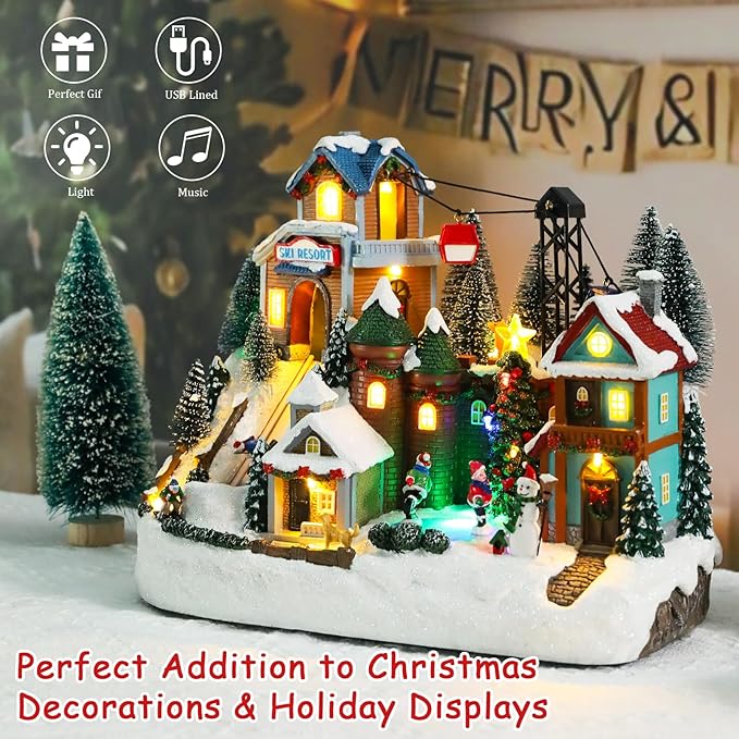 VCUTEKA Animated Christmas Village Houses, Lighted Musical Ski Resort Scene with Ice Skating Rink, Ski Lift, Snowman, Victorian Xmas Village Collectible Building Decoration for Holiday Table Display