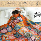 Boho Throw Blanket King Size Christmas Blanket 100% Cotton Blankets for Couch Bed, Cotton Quilts Muslin Bed Blanket 90''x 98'' Cozy Pre-Washed Decor Gift for All Seasons
