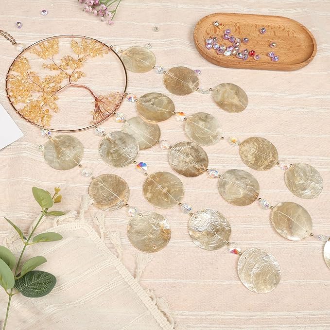 Pretty Jolly Gold Tree of Life Dream Catcher Wall Decor with Citrine Crystals Unique Capiz Wind Chimes Soothing Sound Waterfall Handmade Wall Hanging Home Decor for Bedroom Wedding Party Wish Gift