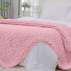 Bigacogo Chunky Knit Throw Blanket for Couch, 40x80 inches, 100% Hand Knitted with Thick Jumbo Chenille Yarn, Cozy Soft Large Rope Knot Cable Crochet Blankets for Sofa Bed Living Room, Blush Pink