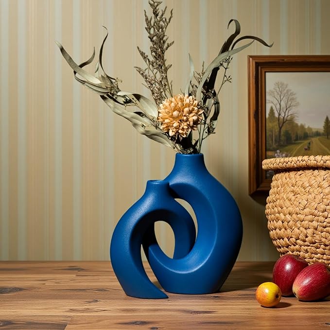 Levvohd Snuggle Hollow Ceramic Vase Set of 2, 8.4 inch Modern Nordic Coastal Shaped Pampas Grass Aesthetic Decorative Table Vases for Home Decor (Matte Navy Blue - M)