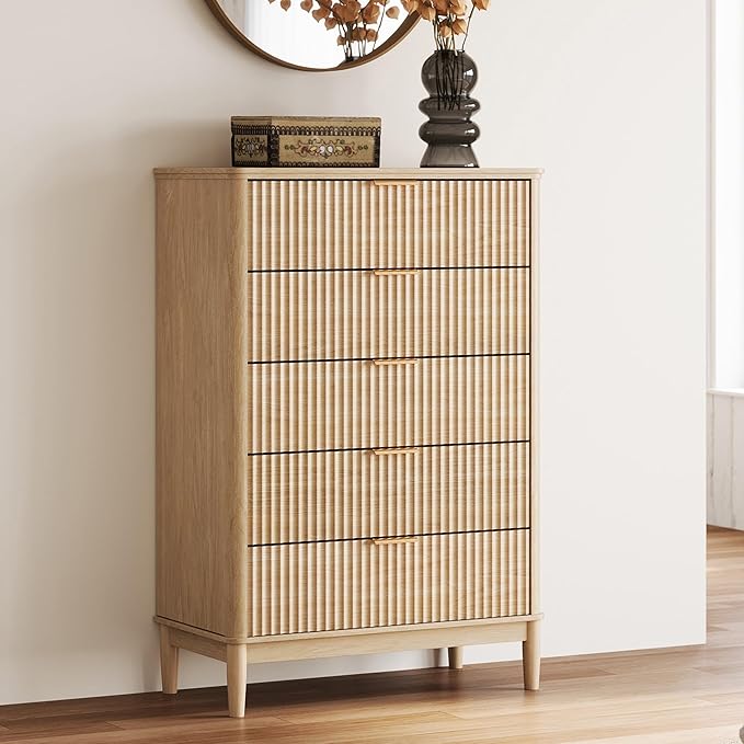 LINSY HOME Fluted Dresser for Bedroom with 5 Drawers, 46" Tall Mid Century Modern Dressers, Wide Boho Chest of Drawers, Large Wood Accent Storage Cabinet for Living Room, Curved Profile Design, Oak