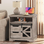 Farmhouse End Table Set of 2, Sofa Side Table with Charging Station, Bedside Table with 2 Drawers and Barn Door, Rustic Wooden Nightstand for Bedroom, Living Room, Greige