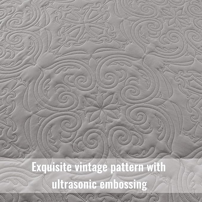 Exclusivo Mezcla Quilts King Size Bedspread with 2 Pillow Shams, Lightweight Light Grey King Quilt Bedding Set with Vintage Damask Pattern, Soft Bedspreads Coverlets for All Seasons