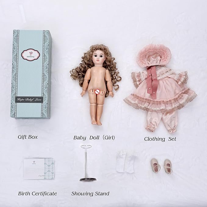 16-Inch BJD Vinyl Bisque Doll, Scale Poseable Vintage Court Doll with Victorian Dress, Collectible Doll with Gift Box for Display, Decoration, Birthday Gift Name Porcelosia (Pink)