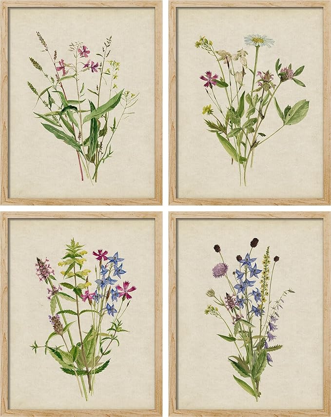 SIGNWIN Framed Watercolor Floral Botanical Wall Art, Set of 4 Vintage Wall Decor Prints, Minimalist Wall Décor for Living Room, Bedroom - 11"x14" Natural