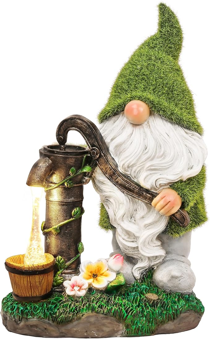 TERESA'S COLLECTIONS Resin Garden Gnomes Decor with Solar Lights, Fathers Gifts, Green Outdoor Decorations for Porch Patio, Gifts for Dad and Mom，Outdoor Garden Decor Ornaments for Outside, 10"