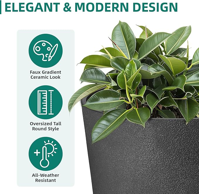 24" Tall Planters for Outdoor Plants, Set of 2 Heavy-Duty Resin Flower Pots, Matte Black Leather Grain Finish, Durable & Weather-Resistant, Ideal for Garden, Patio, Yard, Porch, or Home Use