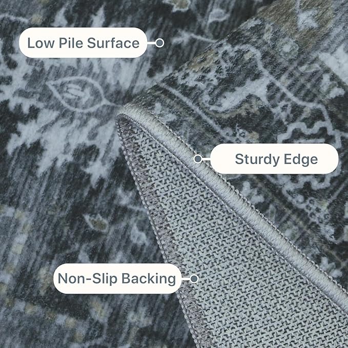 GENIMO 2x6 Runner Rugs for Hallway, Machine Washable Non Slip Vintage Rugs, Low Pile Lightweight Soft Print Rug for enrtyway, Corridor, Home Office, Kitchen,Dark Gray