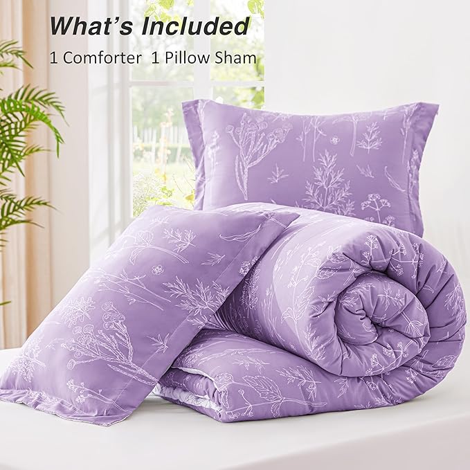 Love's cabin Lavender Twin Comforter Set - Twin XL Size Comforter Set Dorm Bedding, 2 Pieces Cute Floral Bedding, Soft Reversible Flowers Comforter, 1 Comforter & 1 Pillow Sham