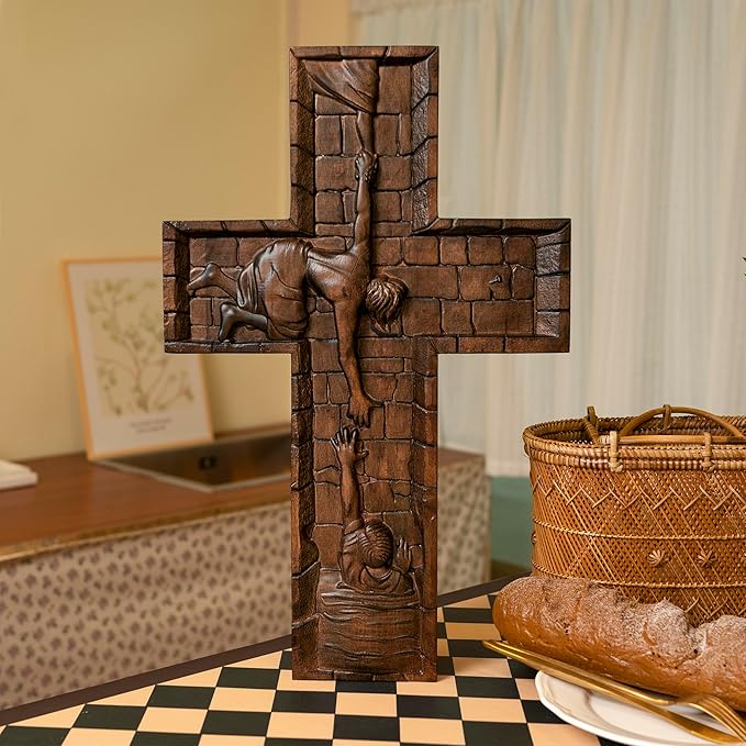 BGCOPPER Crucifix Wall Cross Handmade Wooden Cross with Hook, Christian Wall Art Jesus Wall Cross Gifts for Church Home Room Decor Christmas Cross - 14 Inch