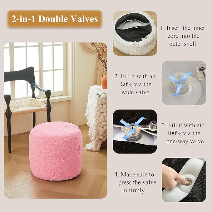 XeGe Fluffy Faux Fur Inflatable Pouf Ottoman, Cozy Shaggy Fuzzy Foot Stool, Plush Furry Foot Rest Floor Pouf Anti-Slip Kid Girl Adult, Foldable Round Ottoman Cushion for Living Room Bedroom, Pink