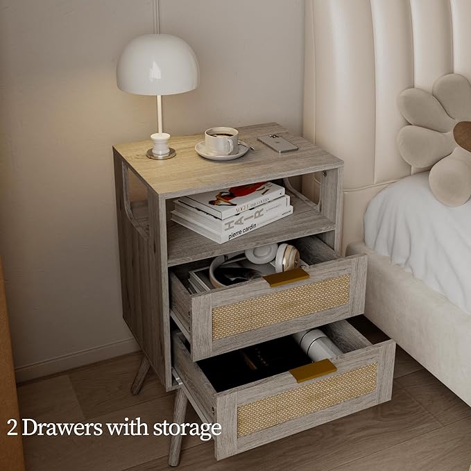 Rattan Nightstand,Farmhouse Bedside Table with 2 Storage Drawer and Open Wood Shelf, for Bedroom and Small Spaces,Night Stand with Solid Wood Legs (Grey Oak)